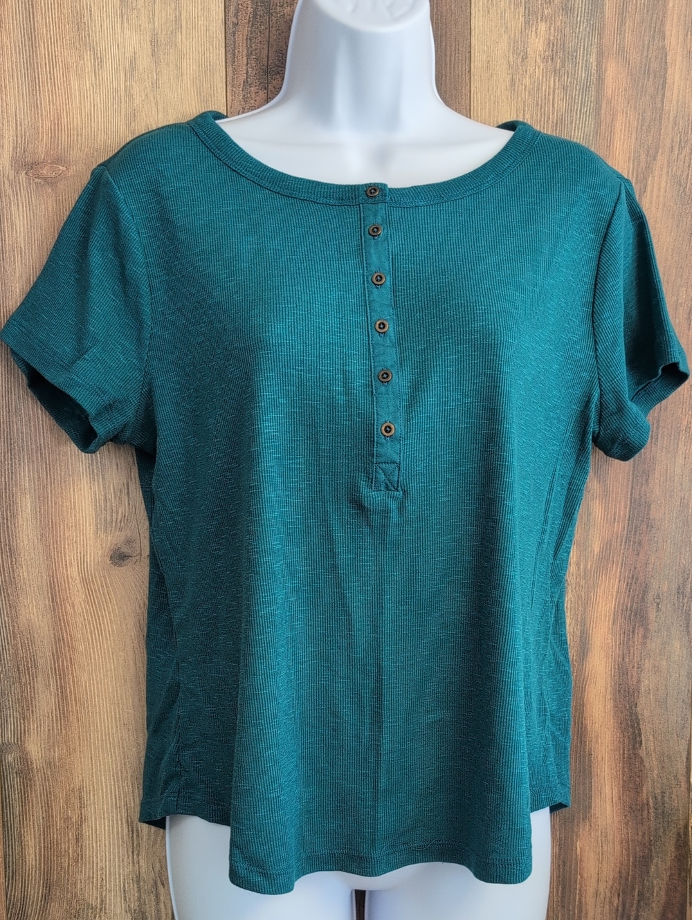 a.n.a Teal Short Sleeve Henley Ribbed Knit Top L        T228